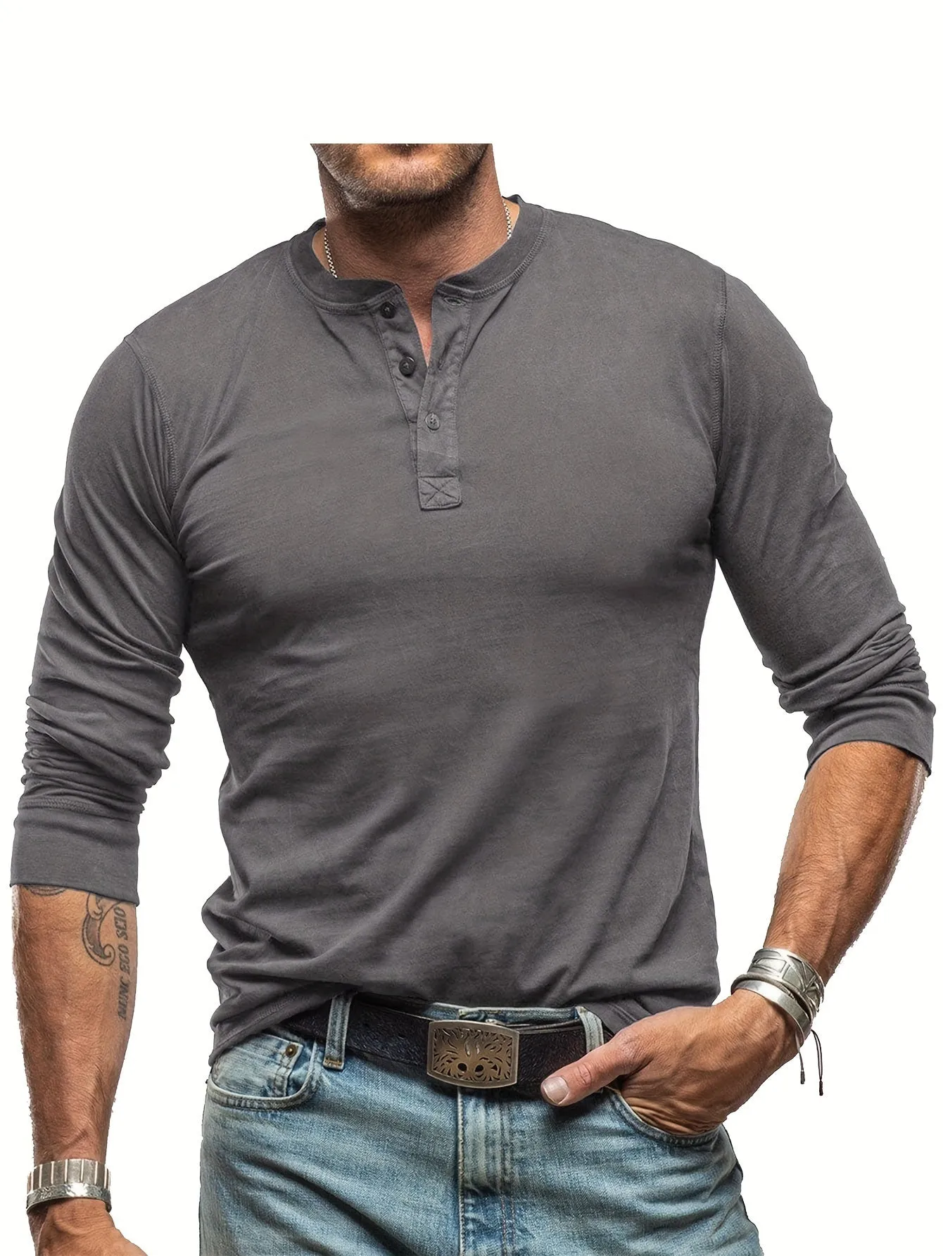 OudHeer - Heren Lange Mouw Casual Henley Shirt met Knopdetail