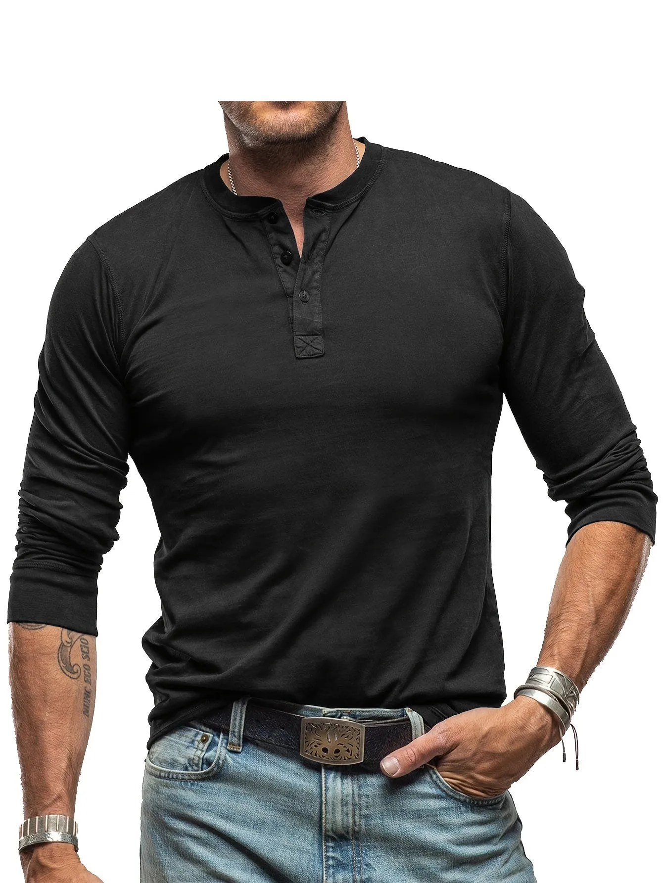 OudHeer - Heren Lange Mouw Casual Henley Shirt met Knopdetail