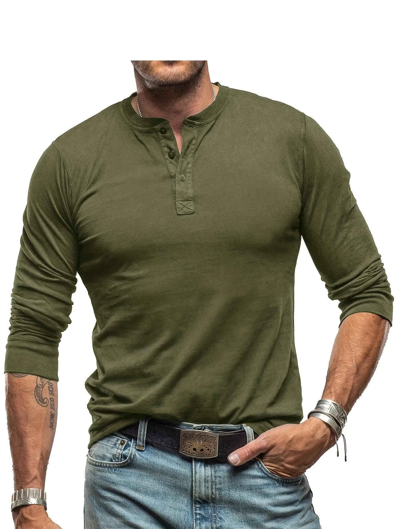 OudHeer - Heren Lange Mouw Casual Henley Shirt met Knopdetail