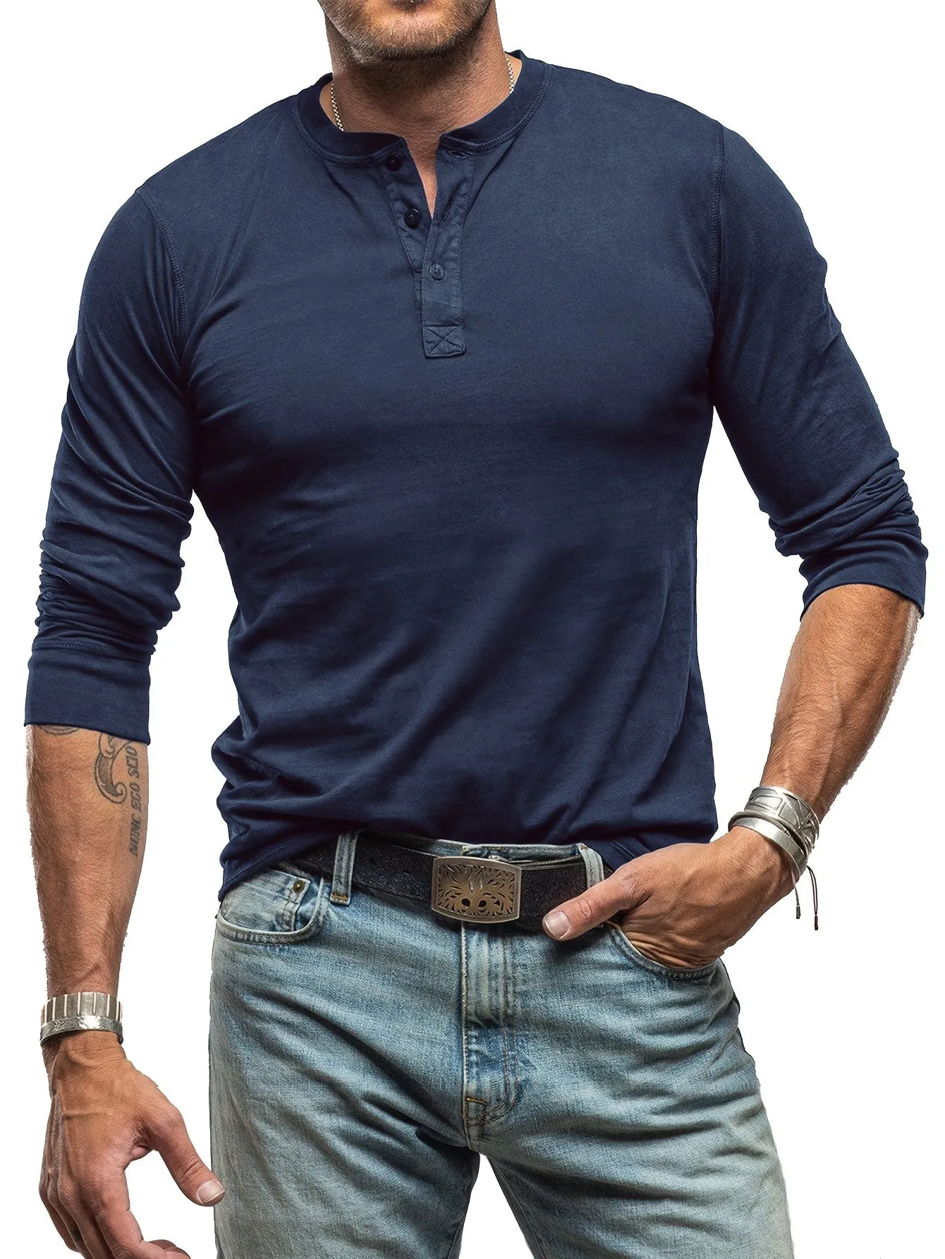 OudHeer - Heren Lange Mouw Casual Henley Shirt met Knopdetail