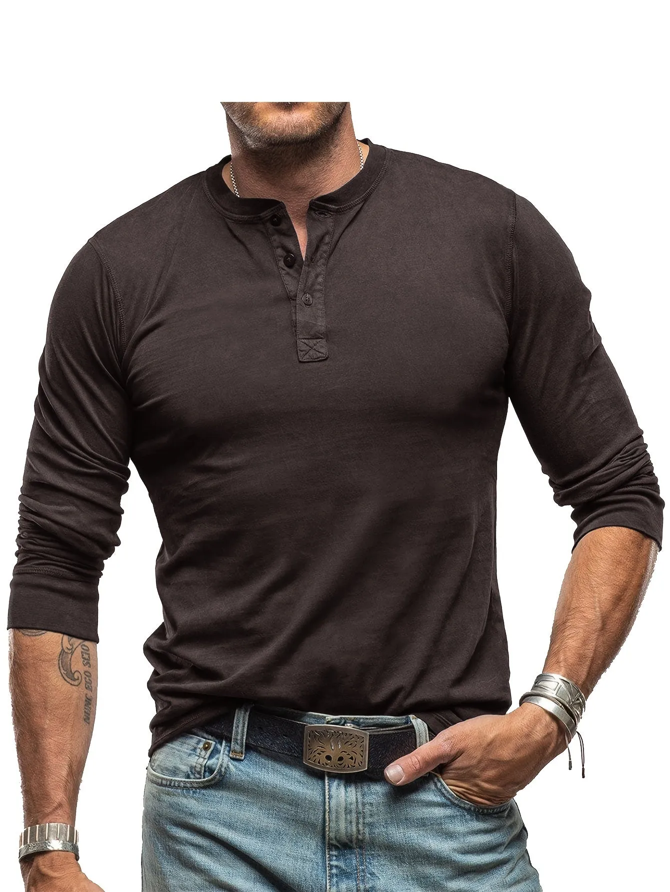 OudHeer - Heren Lange Mouw Casual Henley Shirt met Knopdetail