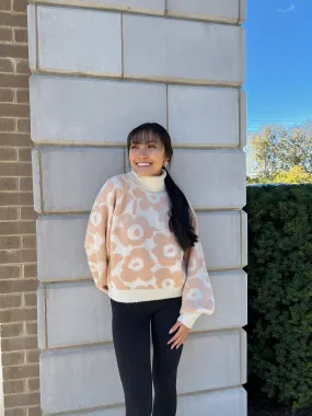 Peach/Cream Floral Turtleneck Sweater