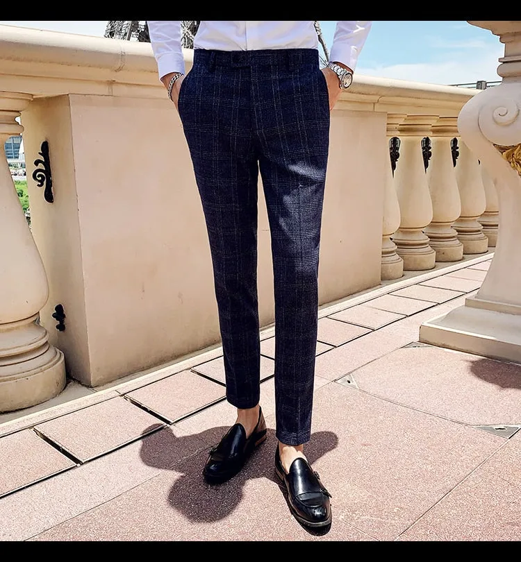 Plaid Suit Trousers Pants Men Office/Business Pants Slim Fit