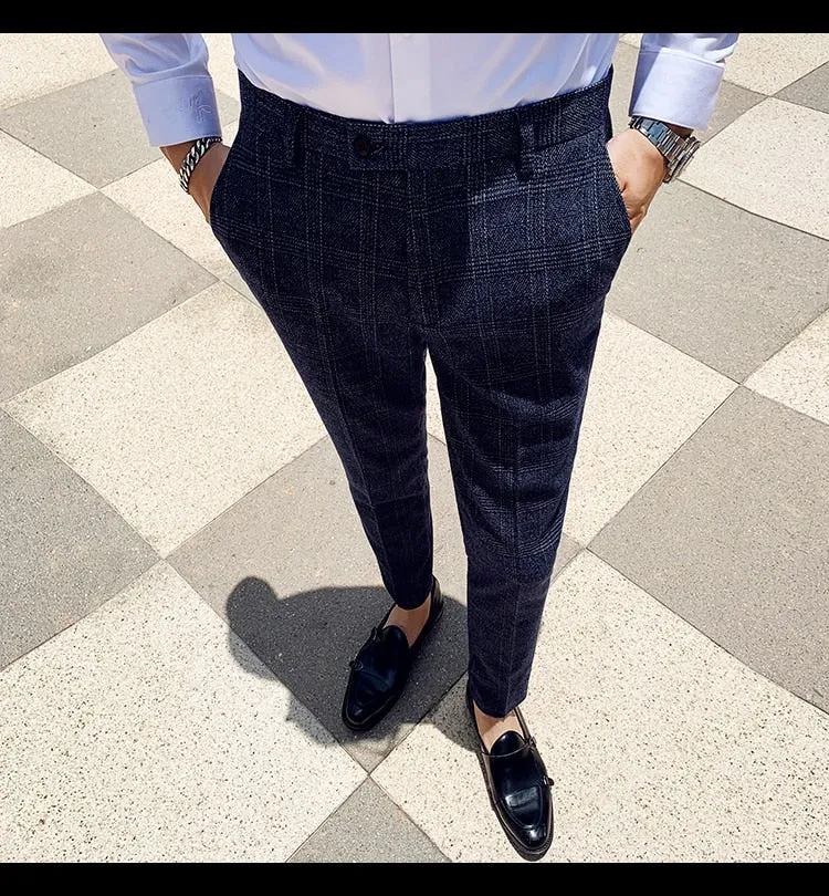 Plaid Suit Trousers Pants Men Office/Business Pants Slim Fit