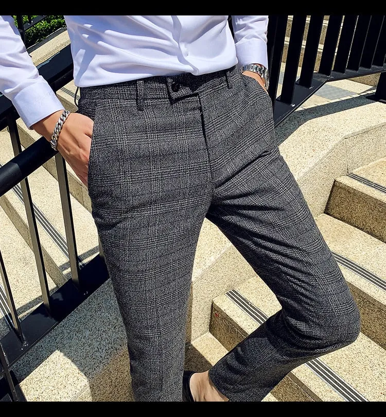 Plaid Suit Trousers Pants Men Office/Business Pants Slim Fit