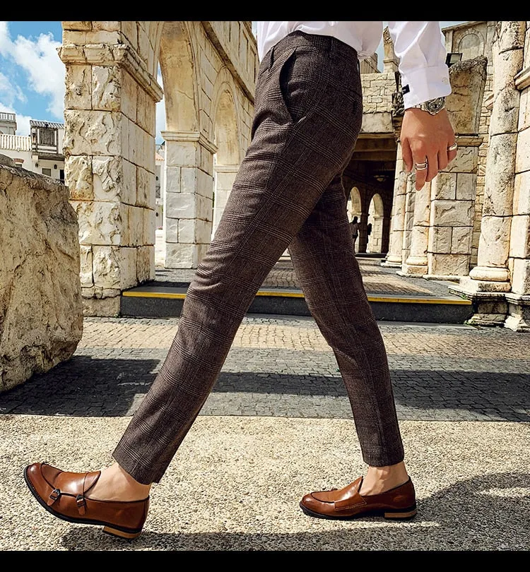 Plaid Suit Trousers Pants Men Office/Business Pants Slim Fit