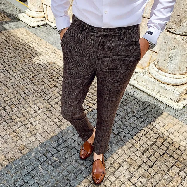 Plaid Suit Trousers Pants Men Office/Business Pants Slim Fit