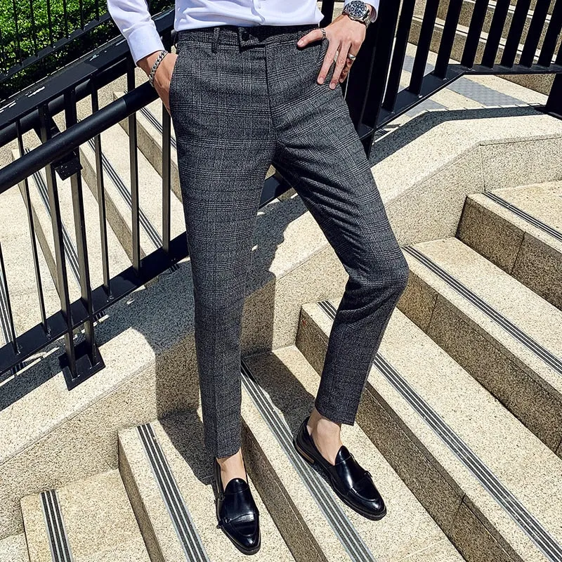 Plaid Suit Trousers Pants Men Office/Business Pants Slim Fit