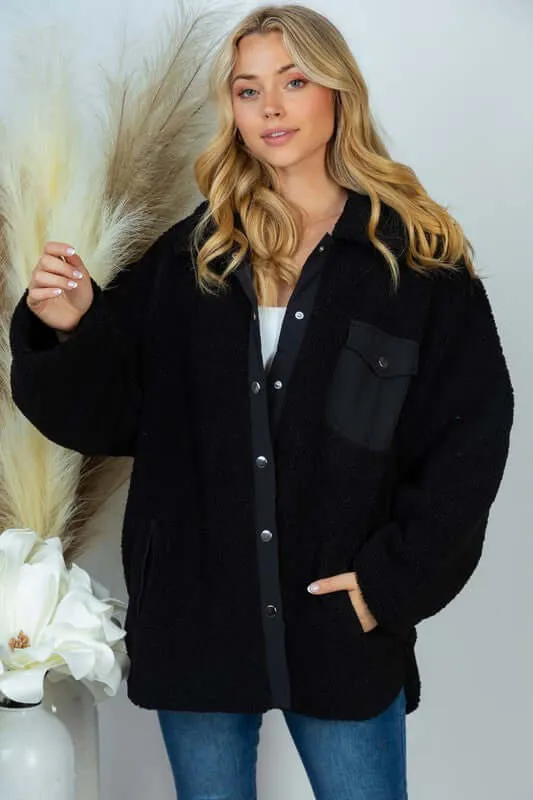Plus Size Solid Woven Sherpa Jacket