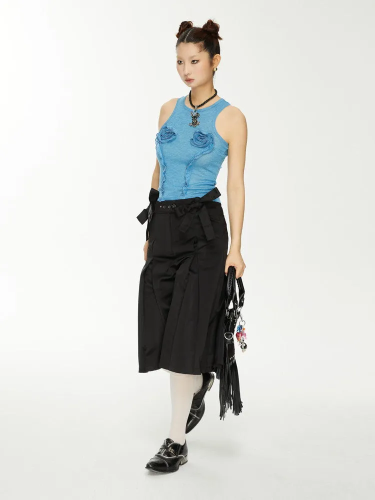 Ribbon Plain Wide-Leg High-Waist Nichi Half-Pants