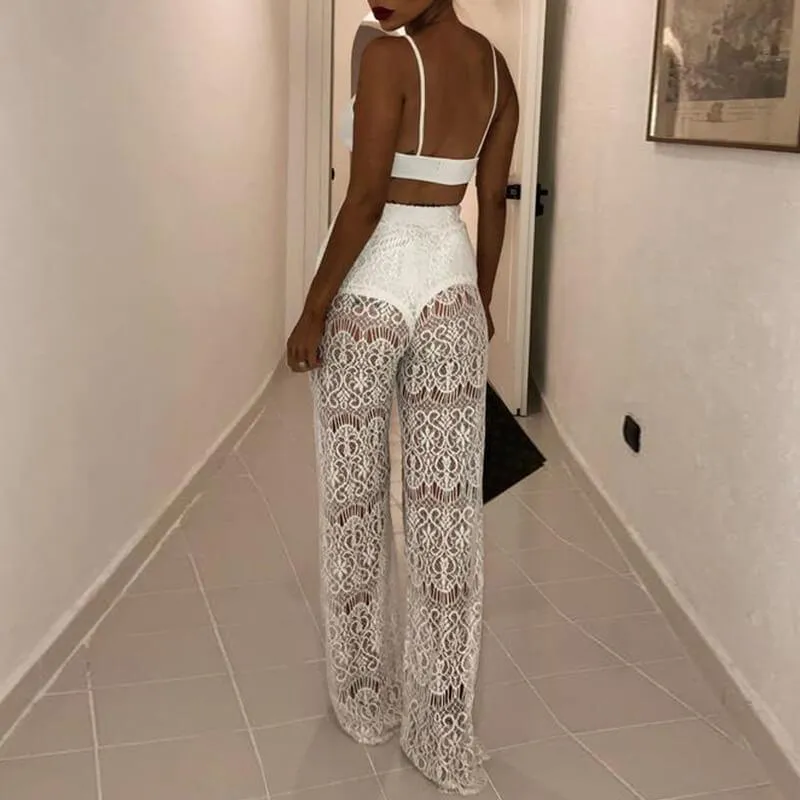 Sexy Wide Leg High Waist Lace Cutout Pants