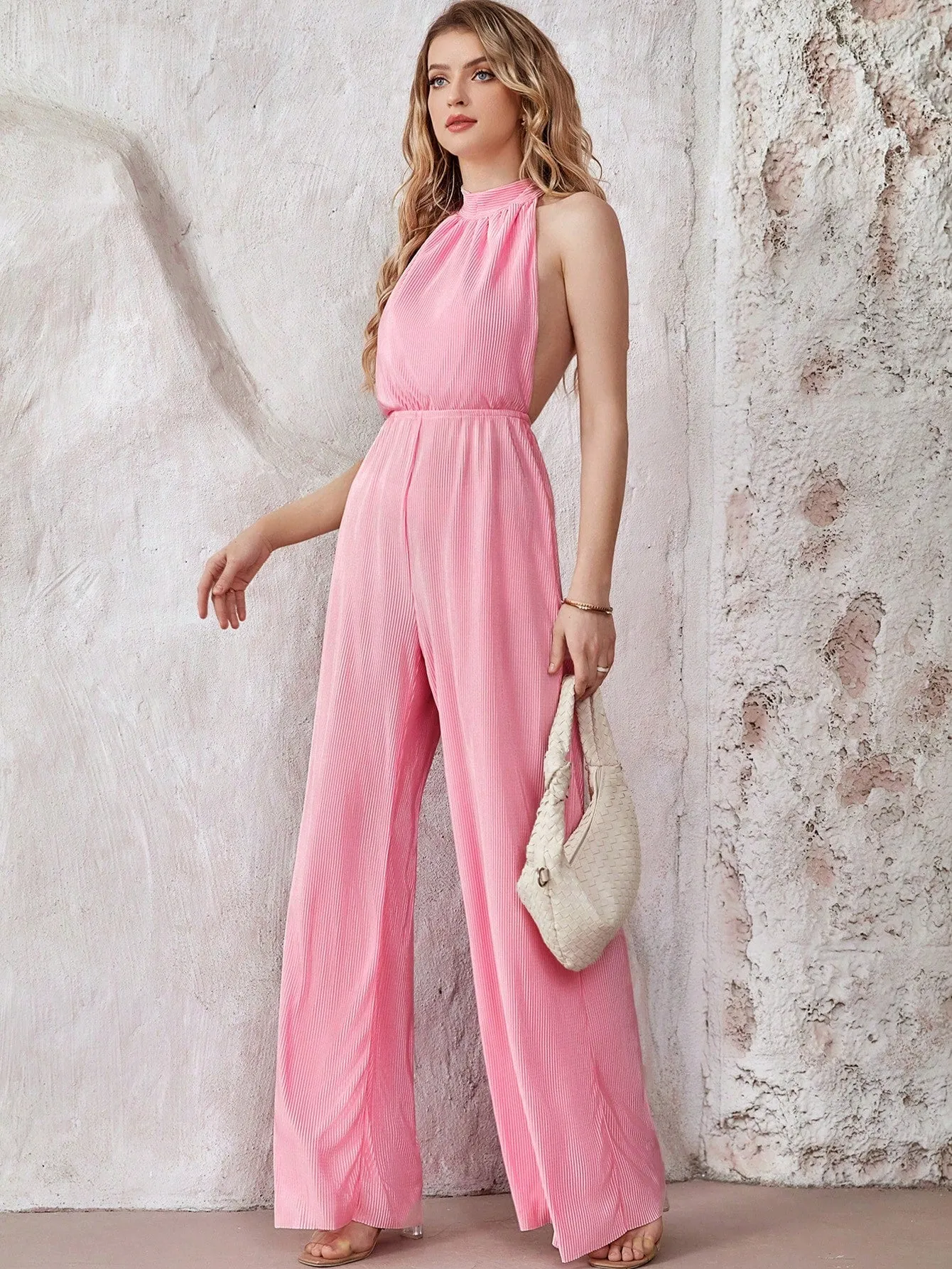 Solid Wide Leg Halter Jumpsuit in Pink