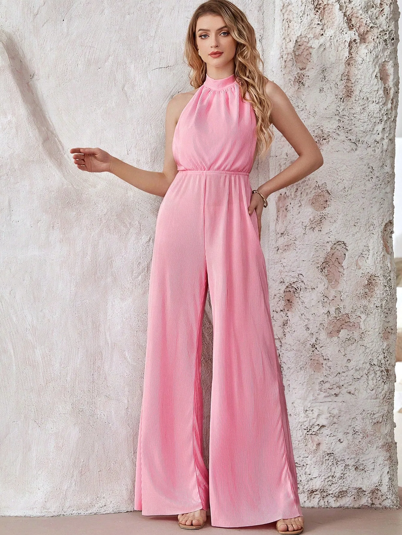 Solid Wide Leg Halter Jumpsuit in Pink