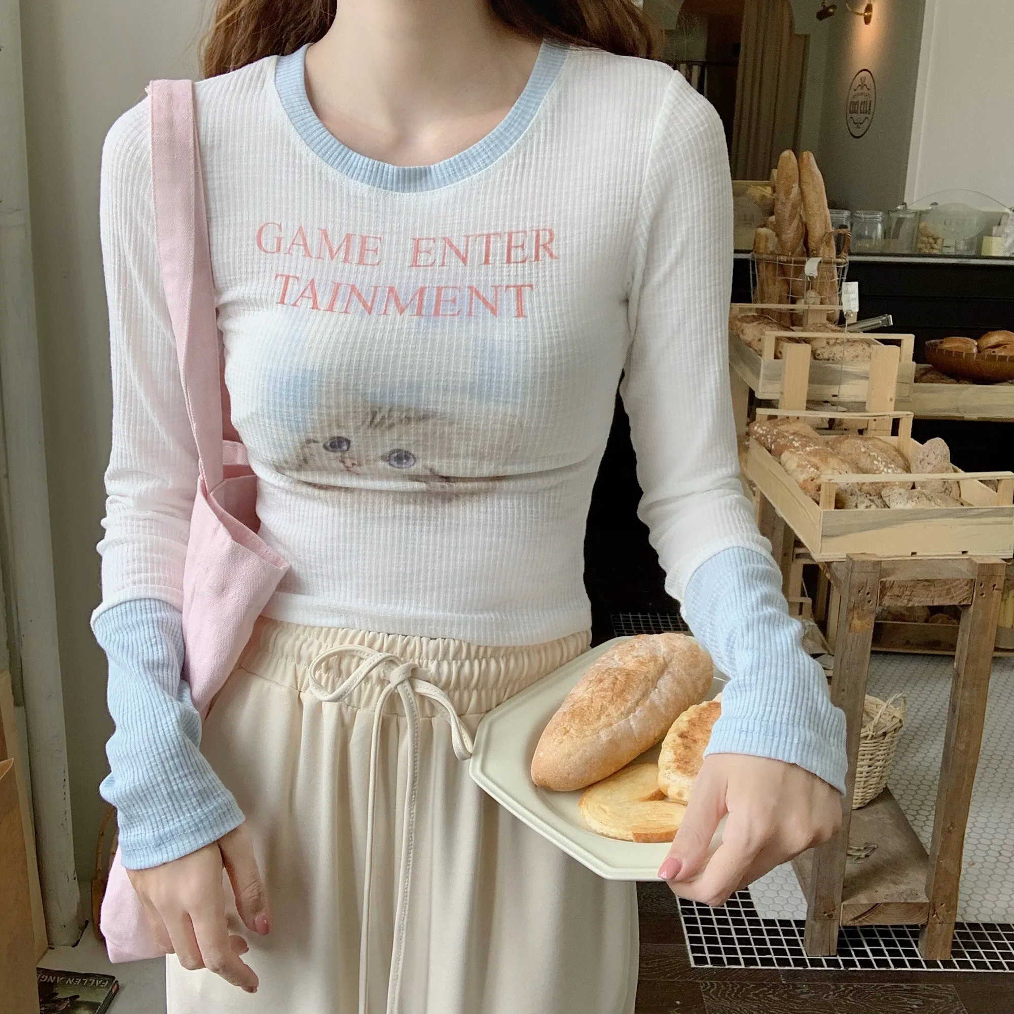 Sweet Baby Kitten Cat Print White Blue Long Sleeve T-shirt Knit Cardigan Two Piece Set