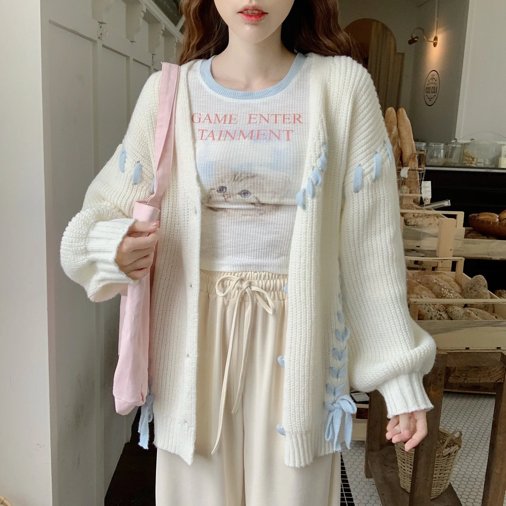 Sweet Baby Kitten Cat Print White Blue Long Sleeve T-shirt Knit Cardigan Two Piece Set