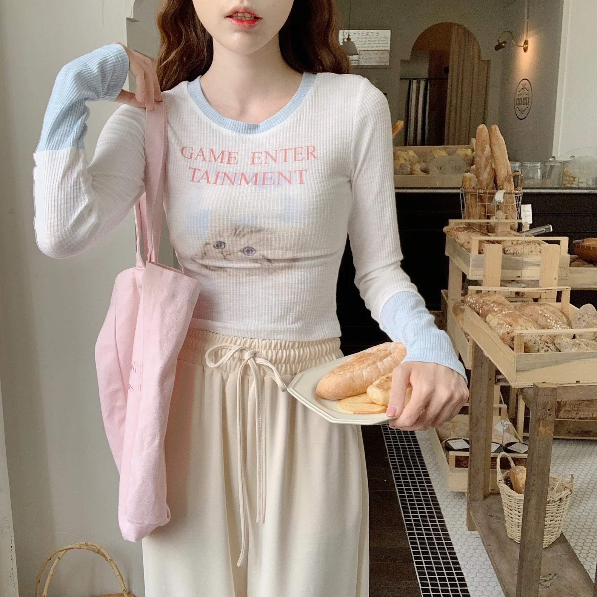 Sweet Baby Kitten Cat Print White Blue Long Sleeve T-shirt Knit Cardigan Two Piece Set