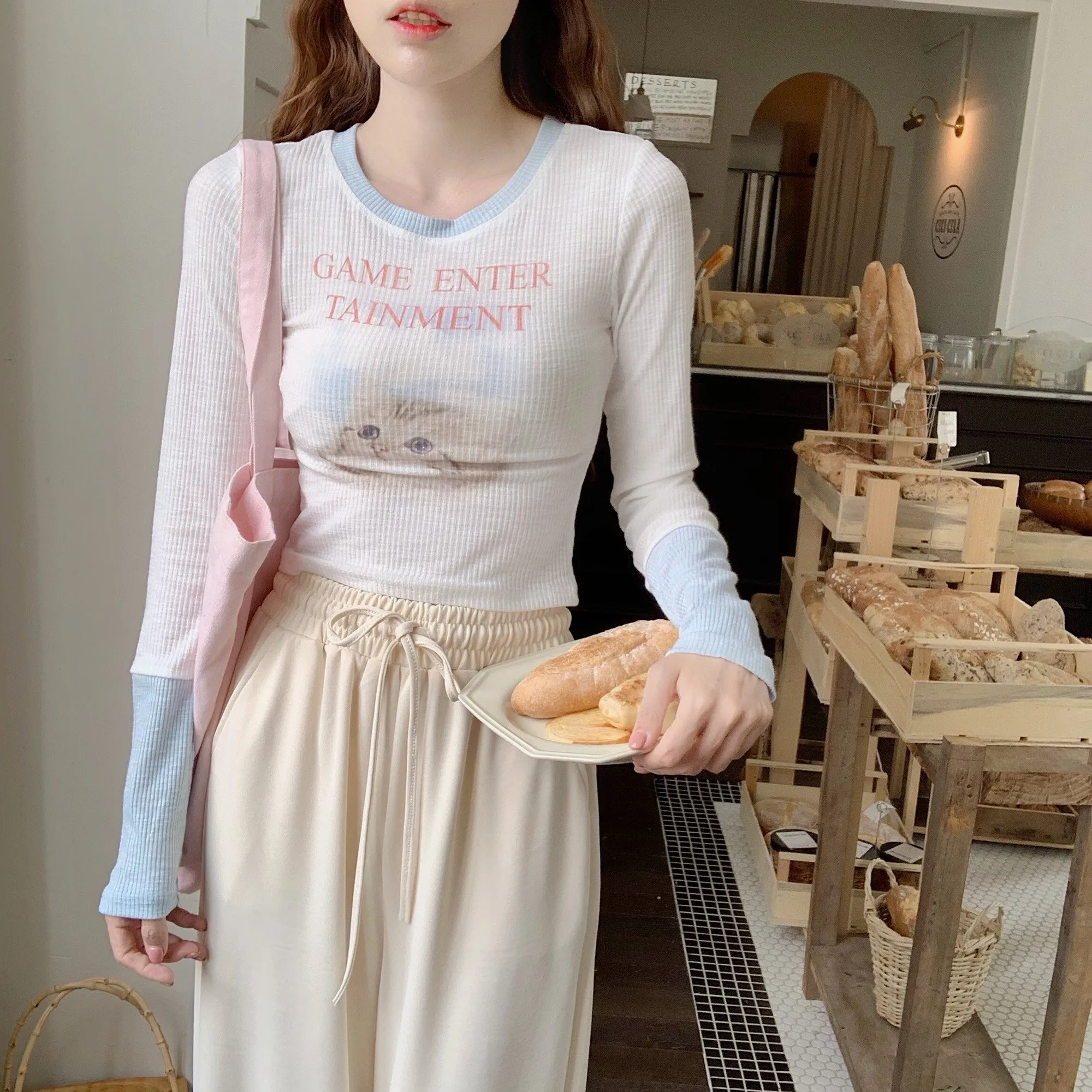 Sweet Baby Kitten Cat Print White Blue Long Sleeve T-shirt Knit Cardigan Two Piece Set