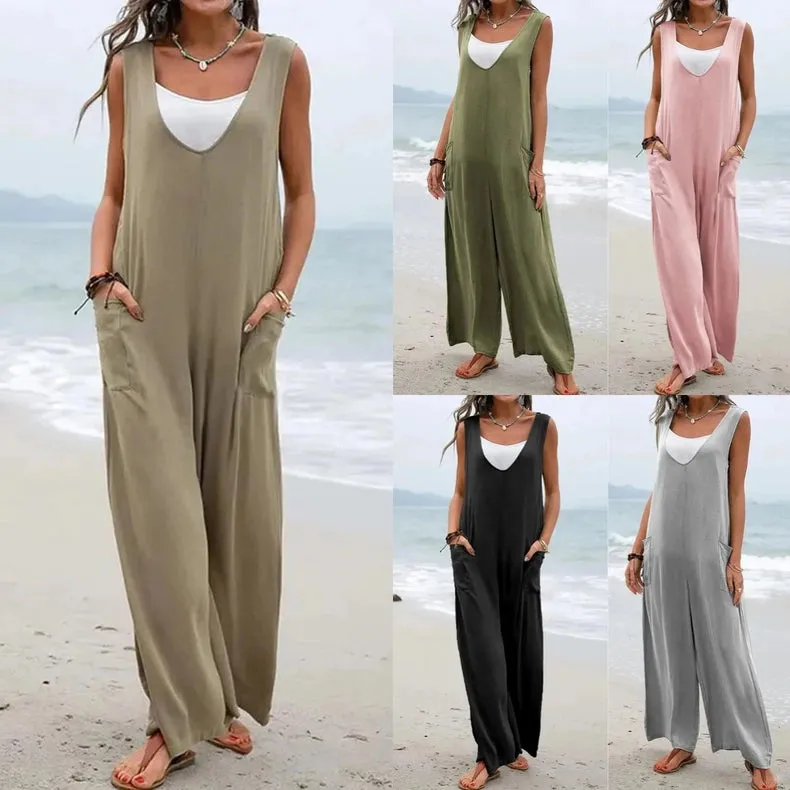 Sweetkama Ladies Two Shoulder Overalls Solid Daily Jumpsuit Khaki
