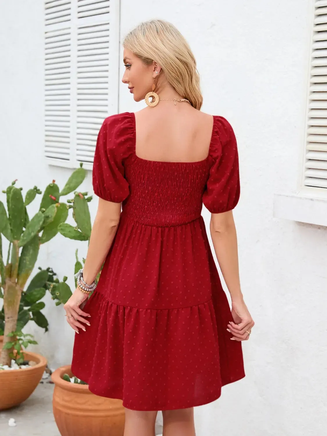 Swiss Dot Smocked Square Neck Dress, Women dress for summer.