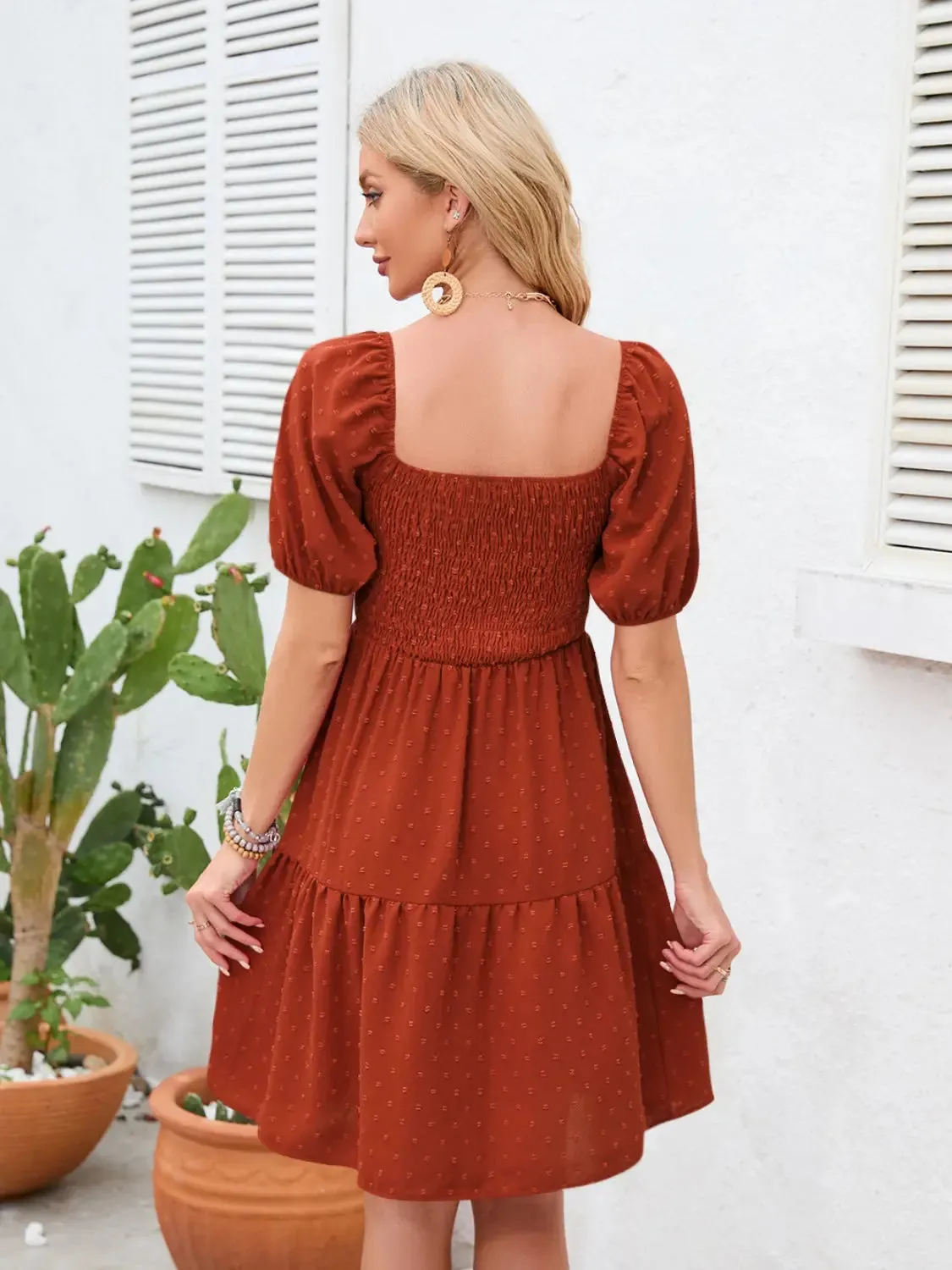 Swiss Dot Smocked Square Neck Dress, Women dress for summer.