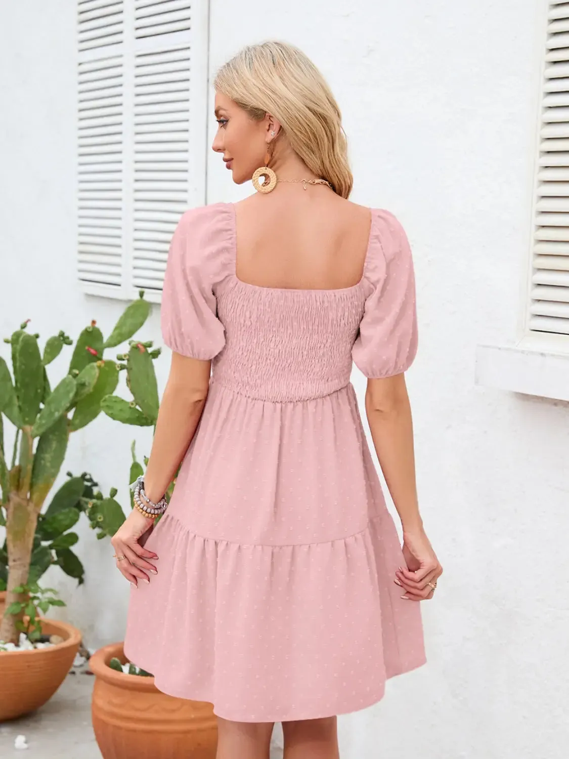Swiss Dot Smocked Square Neck Dress, Women dress for summer.