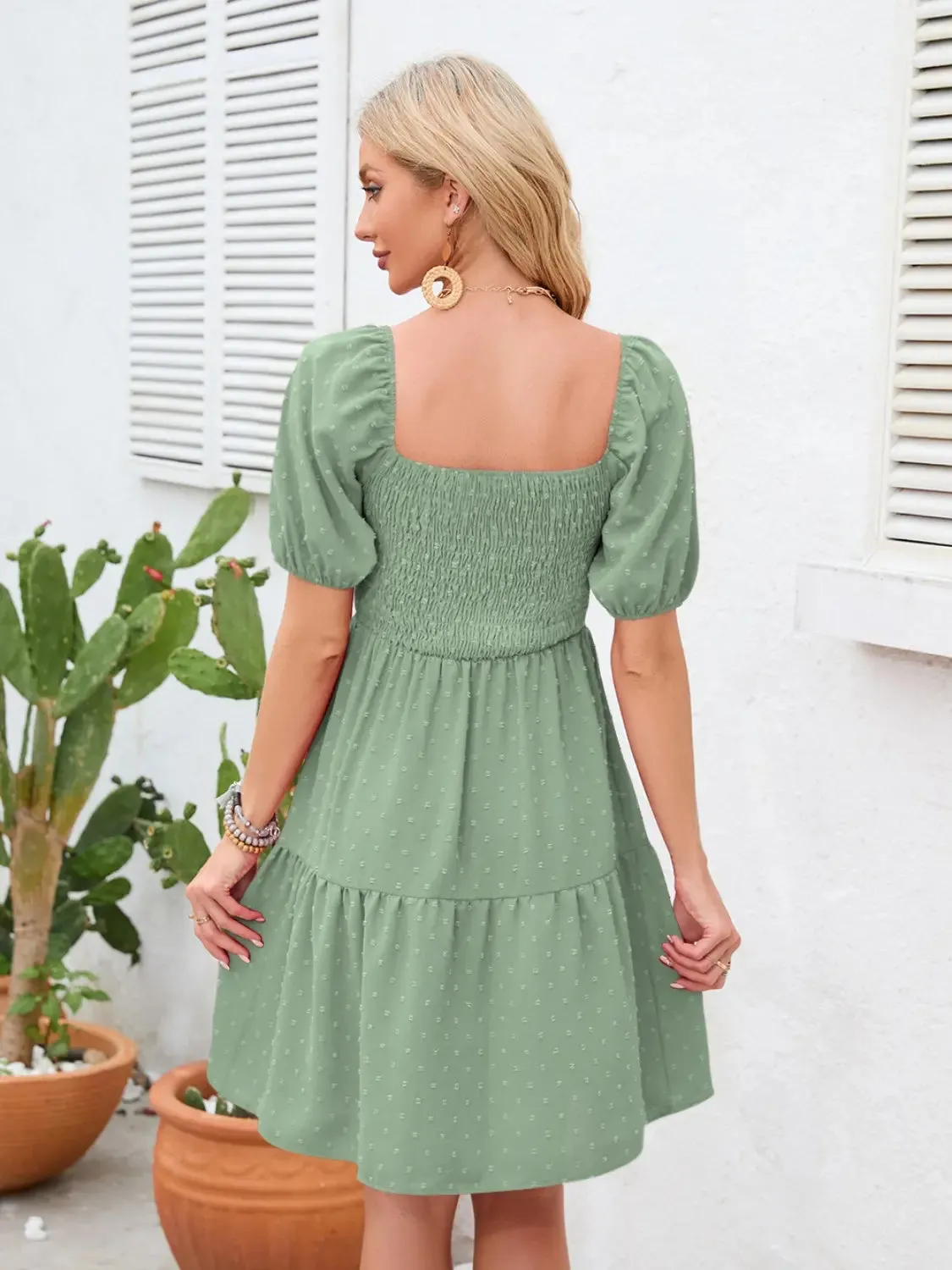 Swiss Dot Smocked Square Neck Dress, Women dress for summer.