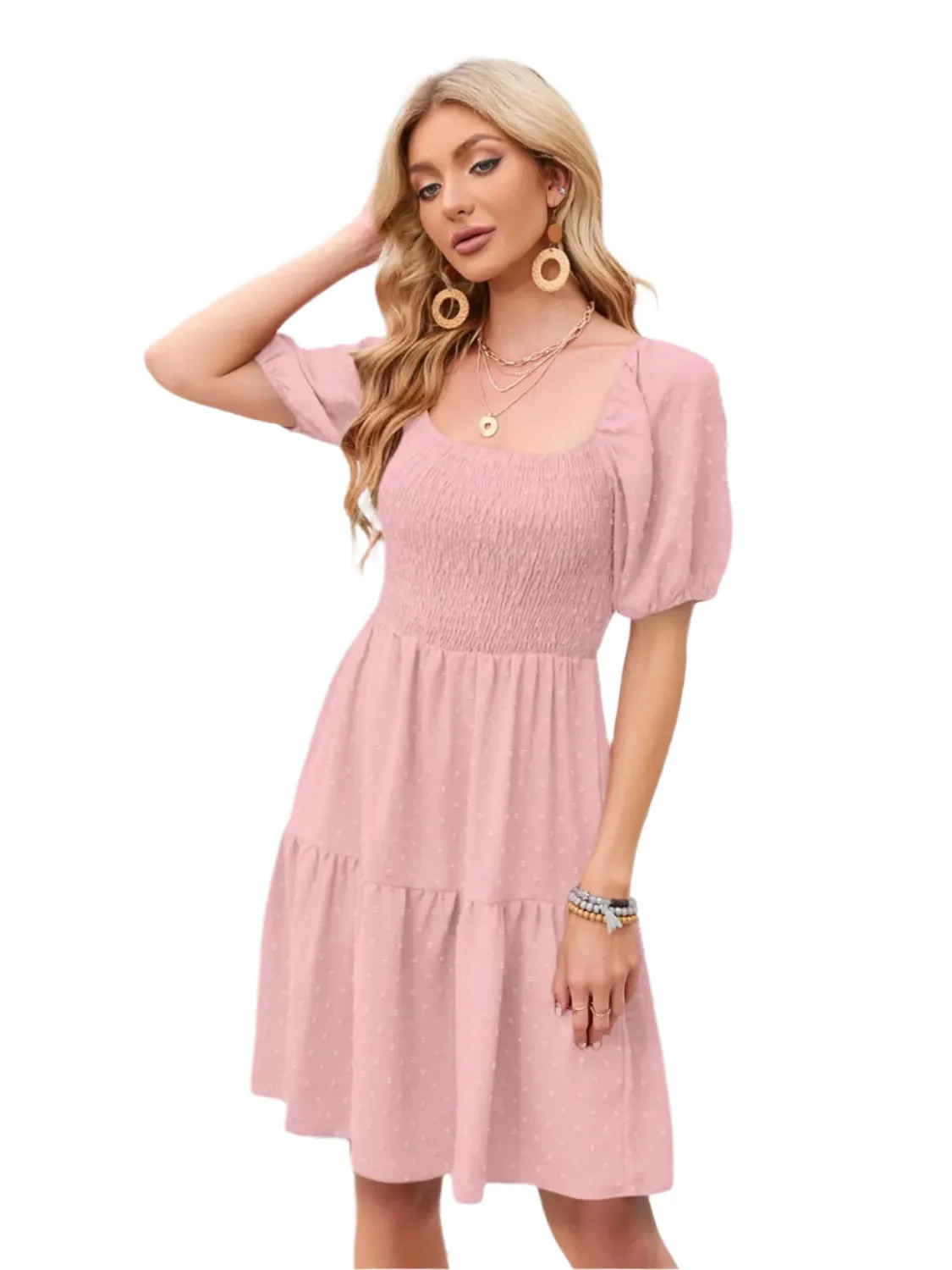 Swiss Dot Smocked Square Neck Dress, Women dress for summer.