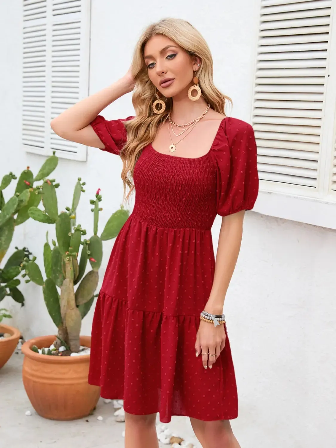 Swiss Dot Smocked Square Neck Dress, Women dress for summer.
