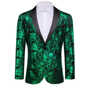 Ties2you Casual Suit Notched Collar Emerald Green Floral Hot Stamping Silk Slim Fit Mens Suit