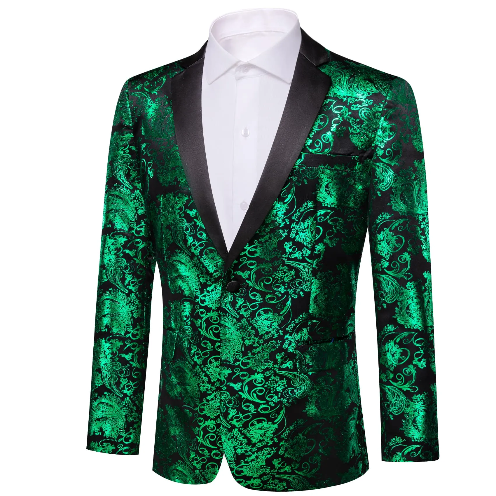 Ties2you Casual Suit Notched Collar Emerald Green Floral Hot Stamping Silk Slim Fit Mens Suit