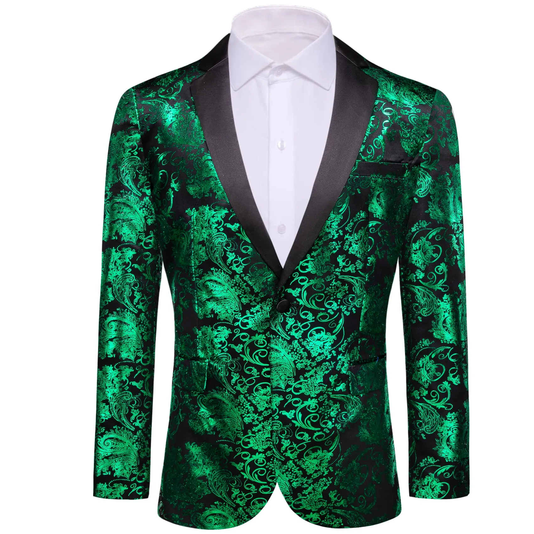 Ties2you Casual Suit Notched Collar Emerald Green Floral Hot Stamping Silk Slim Fit Mens Suit
