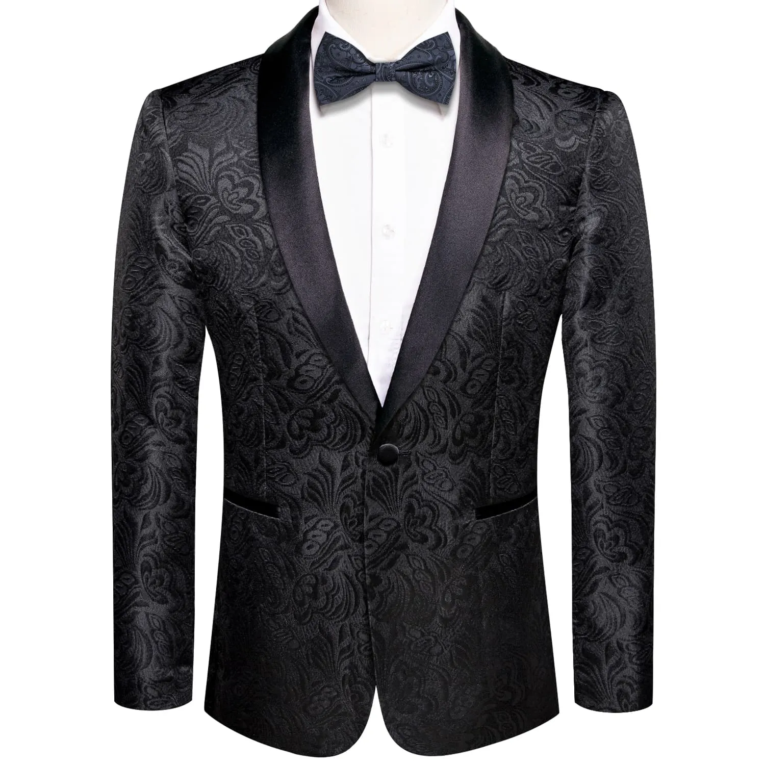 Ties2you Men's Suit Coal Black Floral Shawl Collar Silk Suit Jacket
