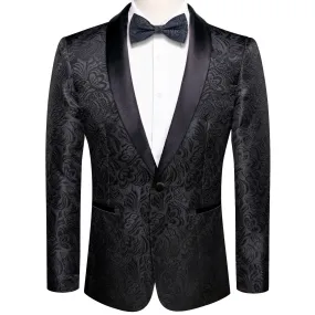 Ties2you Men's Suit Coal Black Floral Shawl Collar Silk Suit Jacket