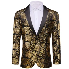 Ties2you Prom Suit Notched Collar Black Gold Floral Hot Stamping Silk Slim Fit Suit for Men