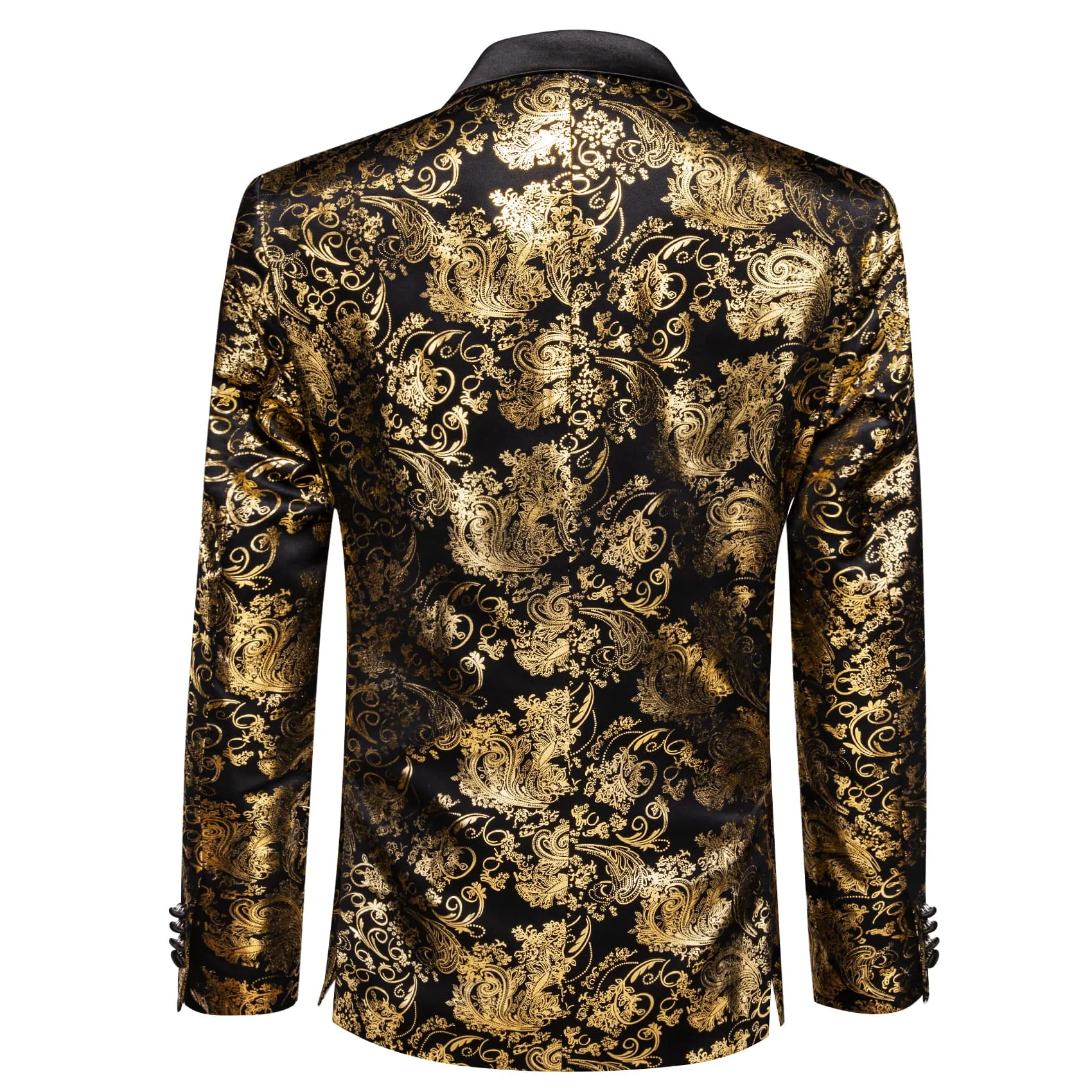 Ties2you Prom Suit Notched Collar Black Gold Floral Hot Stamping Silk Slim Fit Suit for Men