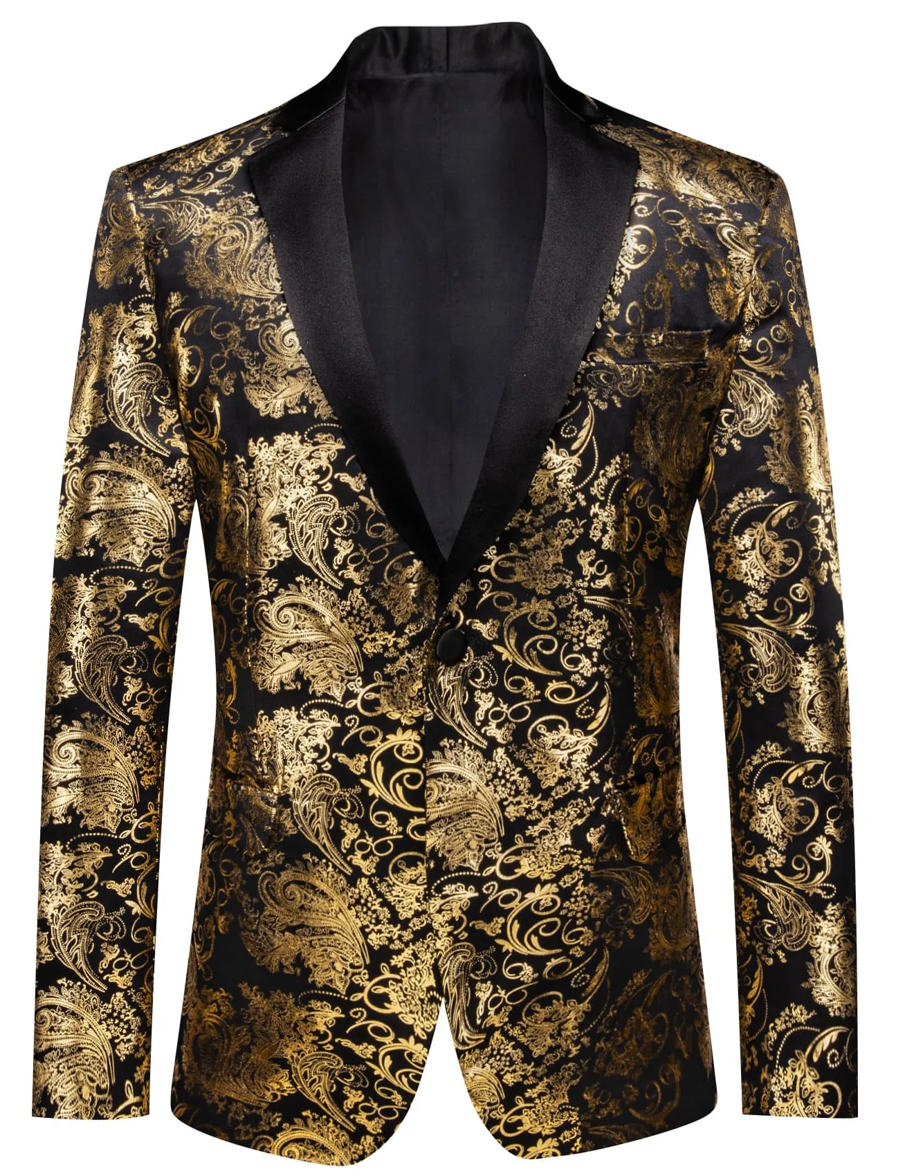 Ties2you Prom Suit Notched Collar Black Gold Floral Hot Stamping Silk Slim Fit Suit for Men