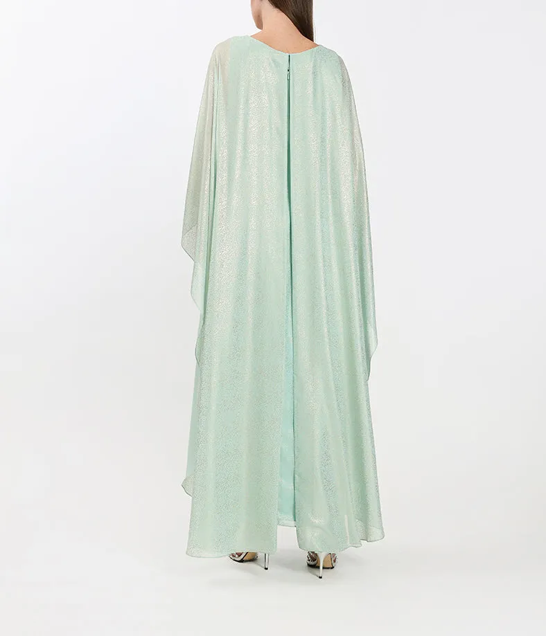 Tiffany Metallic Dress With Handcrafted Cape Drapes