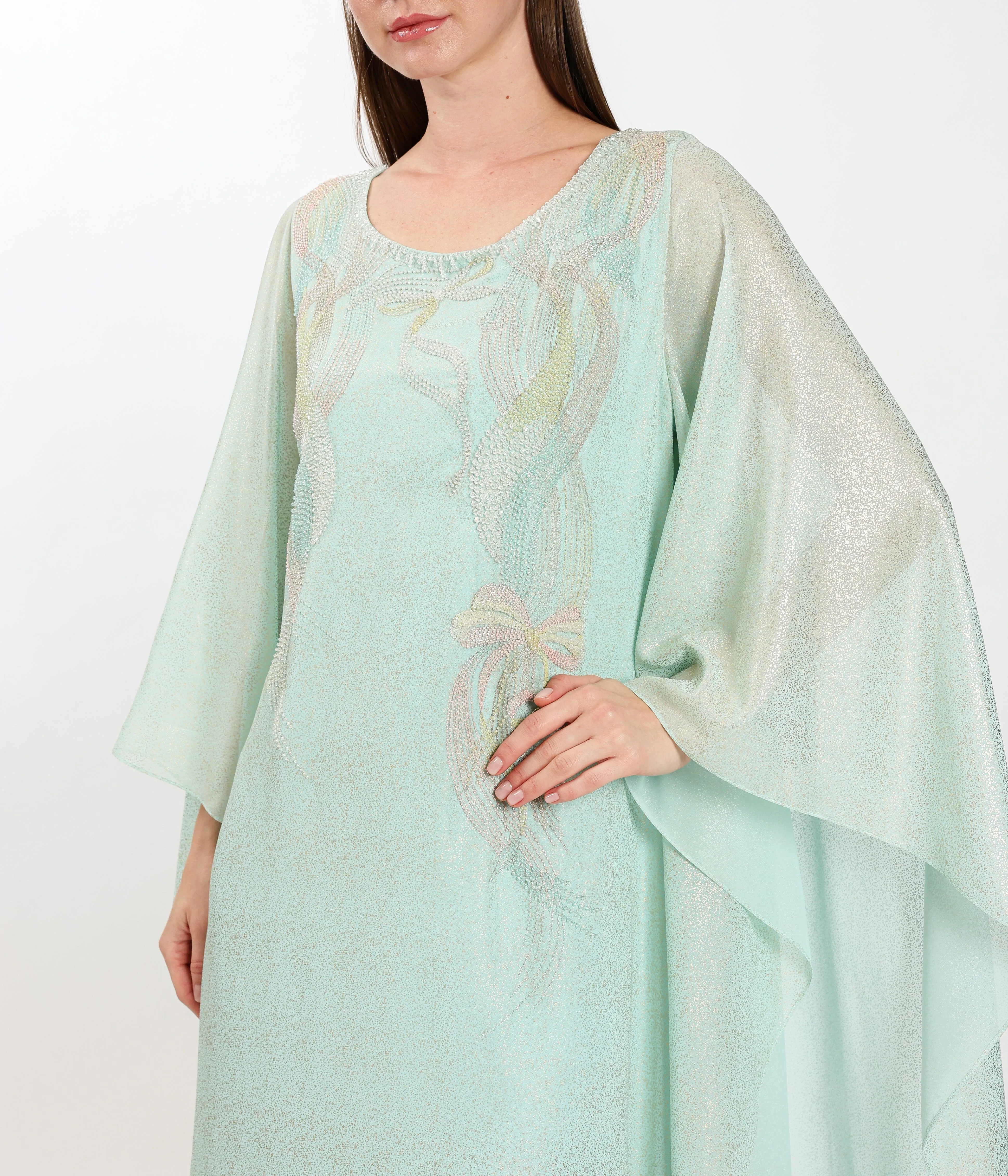 Tiffany Metallic Dress With Handcrafted Cape Drapes