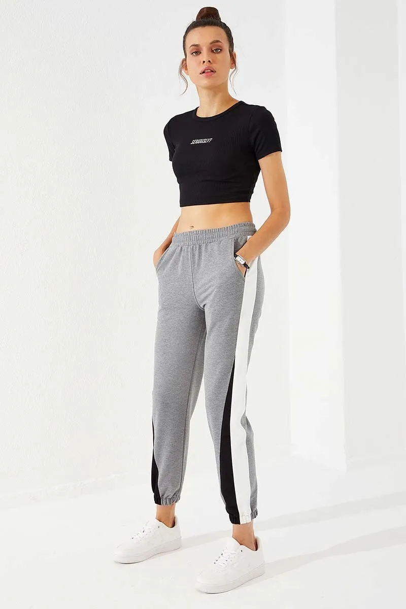 TMY Gray Melange Two Color Striped Comfort Fit Elastic Cuff Women's Sweatpants - 94582 - North Las Vegas
