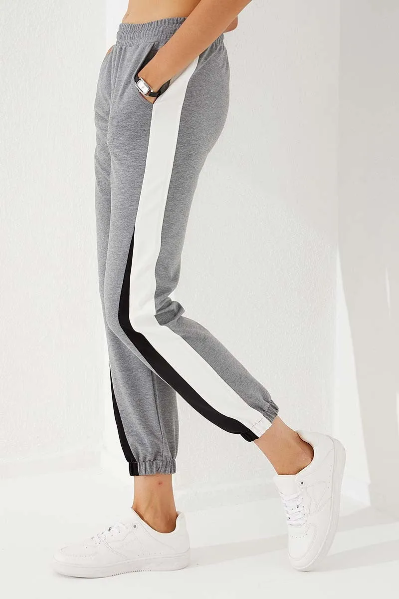TMY Gray Melange Two Color Striped Comfort Fit Elastic Cuff Women's Sweatpants - 94582 - North Las Vegas