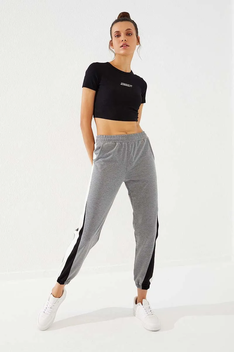 TMY Gray Melange Two Color Striped Comfort Fit Elastic Cuff Women's Sweatpants - 94582 - North Las Vegas