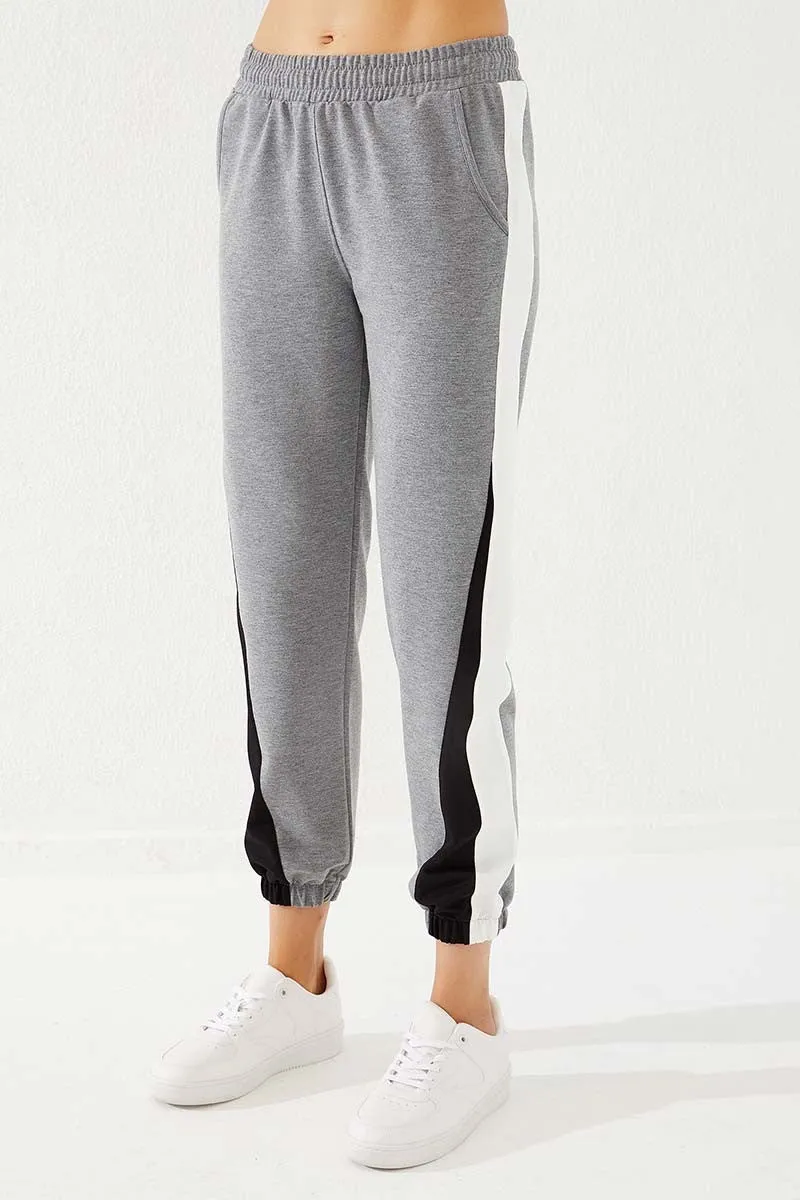 TMY Gray Melange Two Color Striped Comfort Fit Elastic Cuff Women's Sweatpants - 94582 - North Las Vegas