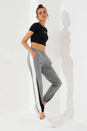 TMY Gray Melange Two Color Striped Comfort Fit Elastic Cuff Women's Sweatpants - 94582 - North Las Vegas