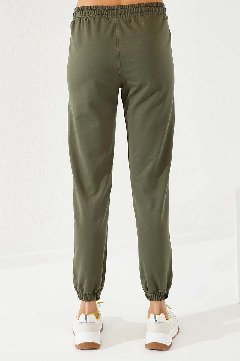 TMY Haki High Waist Embroidered Comfort Fit Elastic Cuff Women's Sweatpants - 94573 - Dunkerque