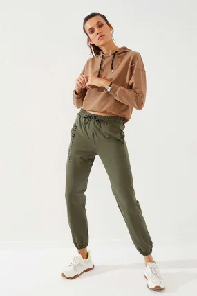 TMY Haki High Waist Embroidered Comfort Fit Elastic Cuff Women's Sweatpants - 94573 - Dunkerque