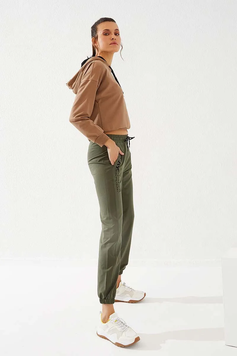 TMY Haki High Waist Embroidered Comfort Fit Elastic Cuff Women's Sweatpants - 94573 - Dunkerque