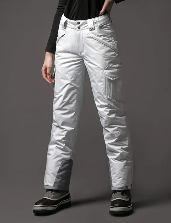 TSLA Womens Winter Snow Pants, Snow Core Cargo Pants White, Large