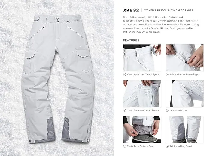 TSLA Womens Winter Snow Pants, Snow Core Cargo Pants White, Large