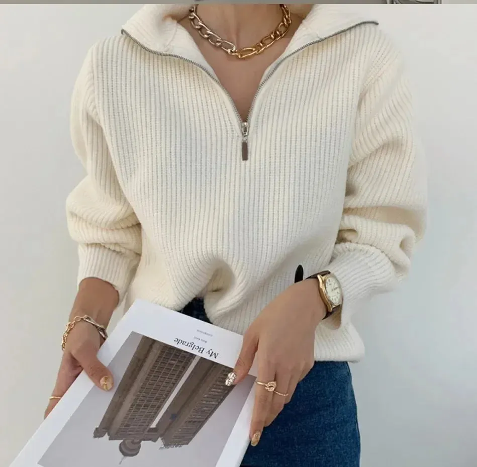 Turtleneck Zipper Long Sleeve Knitted Sweater