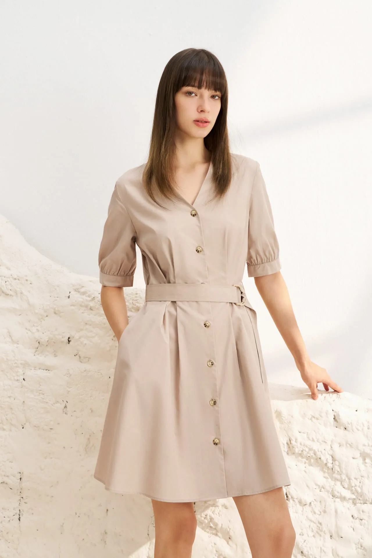 V-Neck Puff Sleeves Fit & Flare Dress with Fabric Belt